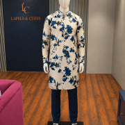 Ivory Floral Printed Kurta with Blue Accents