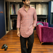Red & Ivory Checkered Kurta with Contemporary Fit