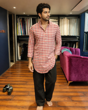 Red & Ivory Checkered Kurta with Contemporary Fit