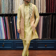 Lime Green Kurta Set with Embroidered Nehru Jacket