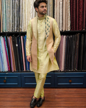 Lime Green Kurta Set with Embroidered Nehru Jacket