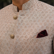 Beige Textured Indo-Western Sherwani with Subtle Embroidery