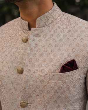 Beige Textured Indo-Western Sherwani with Subtle Embroidery