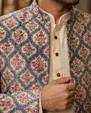 Ivory Printed Nehru Jacket Set with Intricate Motif Detailing