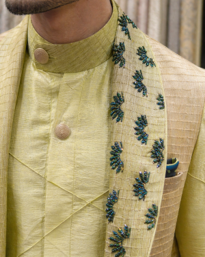 Lime Green Kurta Set with Embroidered Nehru Jacket