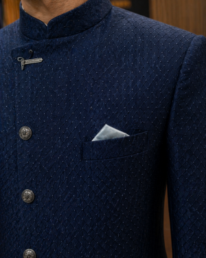 Navy Textured Sherwani with Draped Trouser Set