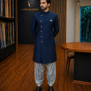 Navy Textured Sherwani with Draped Trouser Set
