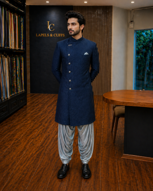 Navy Textured Sherwani with Draped Trouser Set