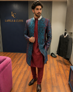 Teal & Maroon Embroidered Sherwani with Statement Detailing