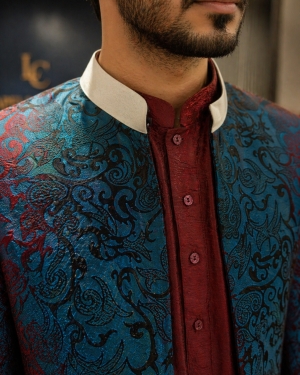 Teal & Maroon Embroidered Sherwani with Statement Detailing