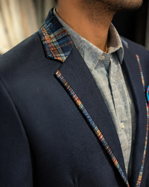 Midnight Blue Suit with Checkered Lapel Detailing