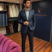Midnight Blue Suit with Checkered Lapel Detailing