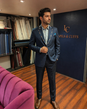 Midnight Blue Suit with Checkered Lapel Detailing